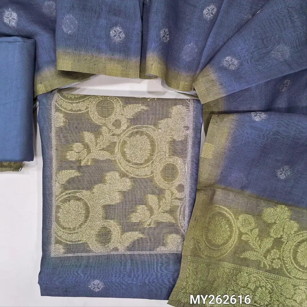 Blue premium chanderi silk cotton unstitched salwar material, contrast yoke with zari woven, zari floral buttas on front (Thin, Lining Needed) spun cotton bottom, silk cotton dupatta with zari buttas and rich pallu. MY262616
