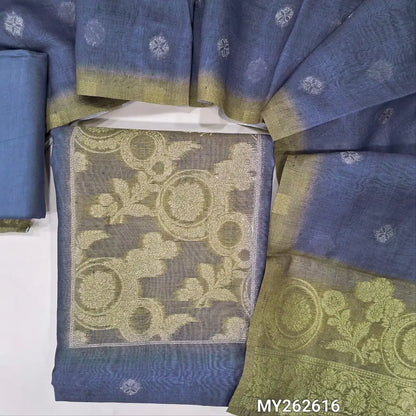 Blue premium chanderi silk cotton unstitched salwar material, contrast yoke with zari woven, zari floral buttas on front (Thin, Lining Needed) spun cotton bottom, silk cotton dupatta with zari buttas and rich pallu. MY262616