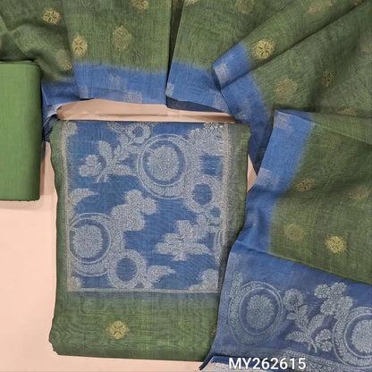 Green premium chanderi silk cotton unstitched salwar material, contrast yoke with zari woven, zari floral buttas on front (Thin, Lining Needed) spun cotton bottom, silk cotton dupatta with zari buttas and rich pallu. MY262615
