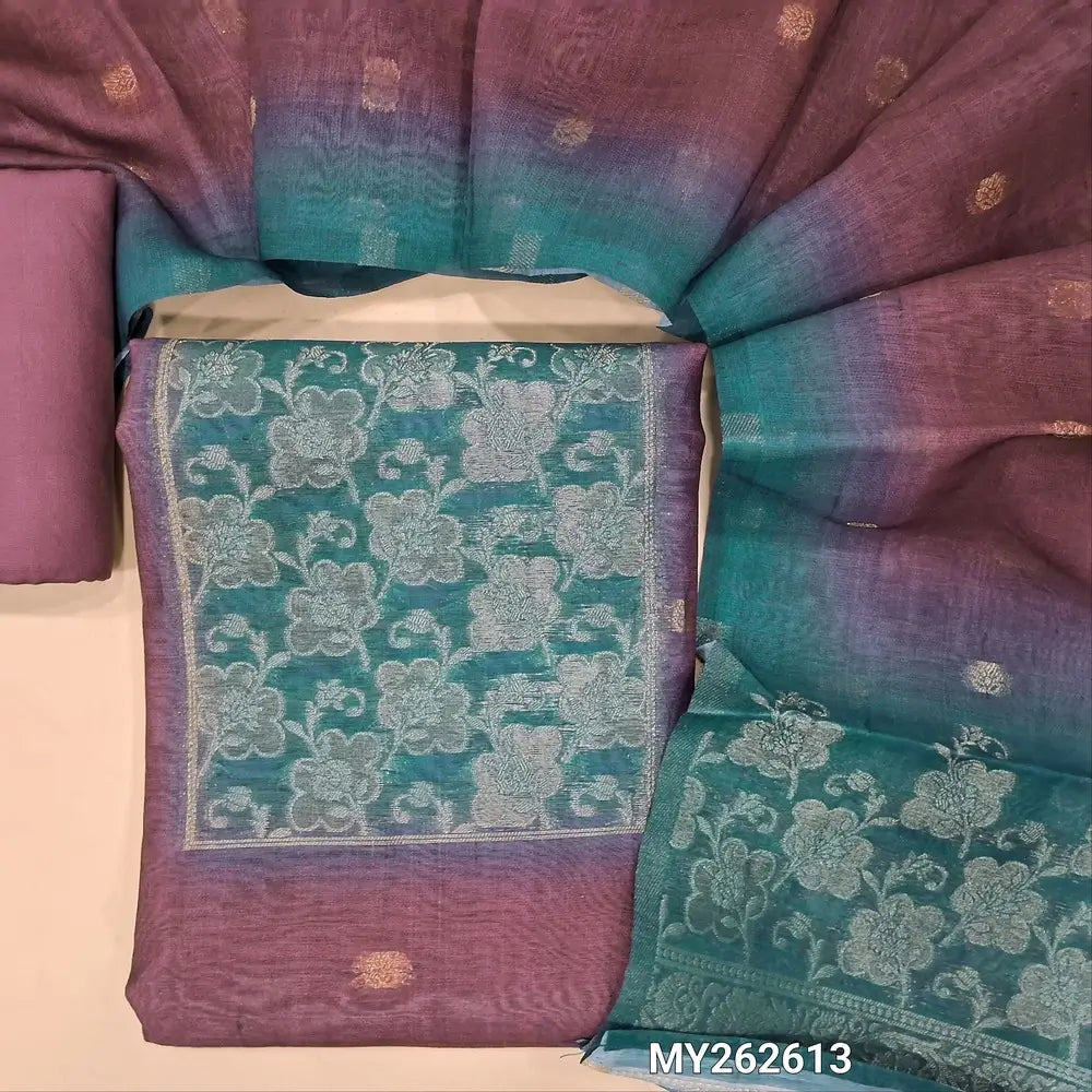 Light beetroot purple premium chanderi silk cotton unstitched salwar material, contrast yoke with zari woven, zari floral buttas on front (Thin, Lining Needed) spun cotton bottom, silk cotton dupatta with zari buttas and rich pallu. MY262613