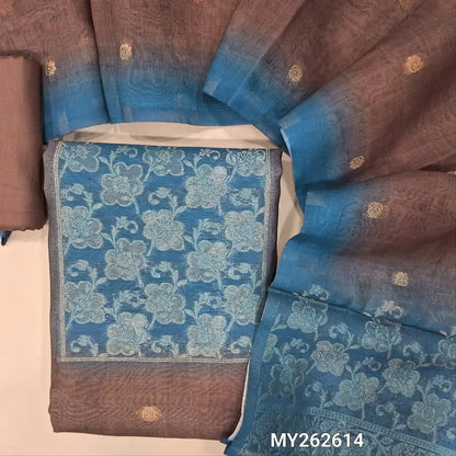 Brown premium chanderi silk cotton unstitched salwar material, contrast yoke with zari woven, zari floral buttas on front (Thin, Lining Needed) spun cotton bottom, silk cotton dupatta with zari buttas and rich pallu. MY262614