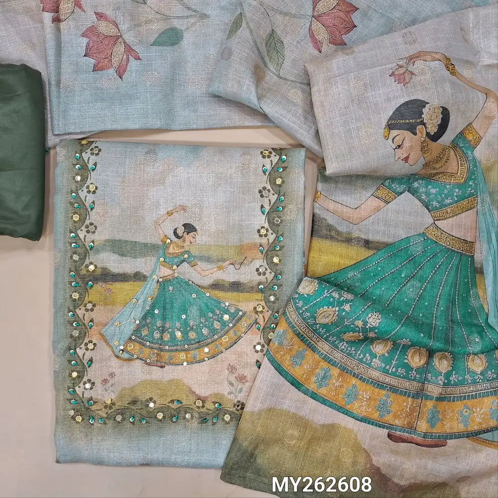 Multicolor with golden tint tissue silk cotton unstitched salwar material,french knot on yoke,buttas all over,digital printed on daman,(lining needed)olive green silky bottom, buttas and digital printed tissue silk cotton dupatta with borders. MY262608
