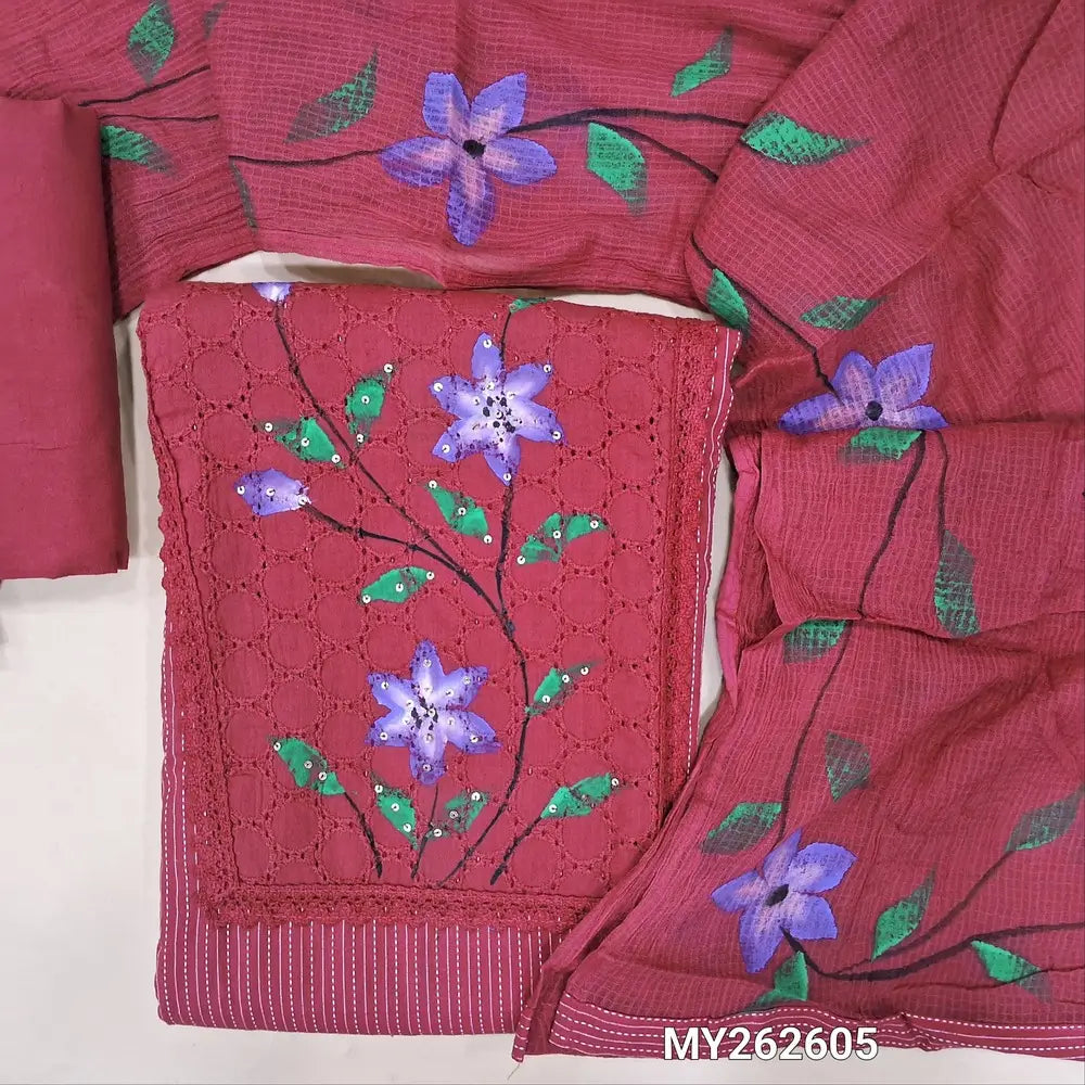 Dark pink Pure kantha cotton unstitched salwar material,schiffli work and brush paint on yoke,(Lining optional)matching cotton bottom,brush paint work on pure kota cotton dupatta. MY262605