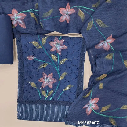 Dark blue Pure kantha cotton unstitched salwar material,schiffli work and brush paint on yoke,(Lining optional)matching cotton bottom,brush paint work on pure kota cotton dupatta. MY262607