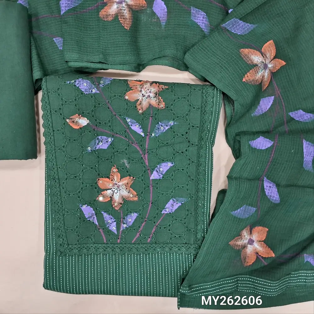 Dark green Pure kantha cotton unstitched salwar material,schiffli work and brush paint on yoke,(Lining optional)matching cotton bottom,brush paint work on pure kota cotton dupatta. MY262606