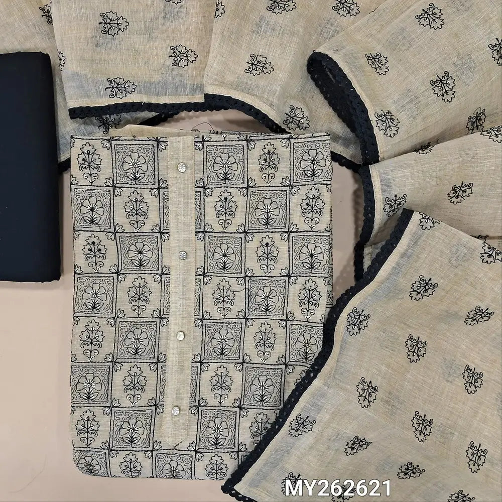 Rich beige silk cotton unstitched salwar material, rich embroidery and sequins work on front, (lining needed) black cotton bottom,panel design and embroidery work on silk cotton dupatta with tapping. MY262621