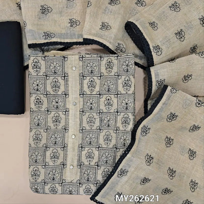 Rich beige silk cotton unstitched salwar material, rich embroidery and sequins work on front, (lining needed) black cotton bottom,panel design and embroidery work on silk cotton dupatta with tapping. MY262621