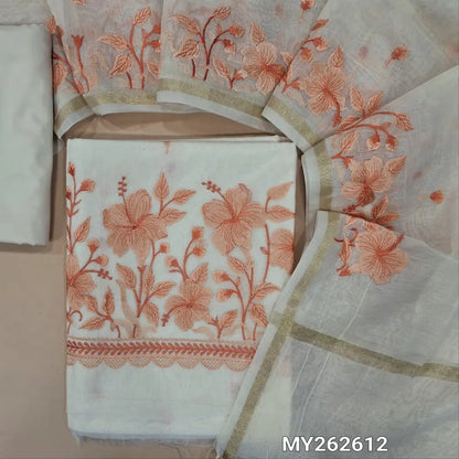Off white base mul chanderi unstitched salwar material (Peachish pink),embroidery work on front, embroidered daman, (Lining Needed)matching silk cotton bottom, embroidery work on mul chanderi dupatta with gold tissue borders (TAPING NEEDED). MY262612