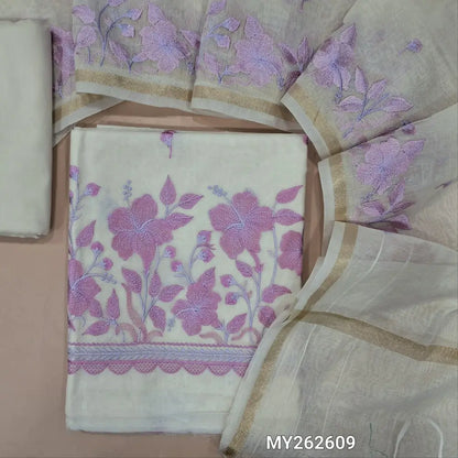 Off white base mul chanderi unstitched salwar material (Lavender),embroidery work on front, embroidered daman, (Lining Needed)matching silk cotton bottom, embroidery work on mul chanderi dupatta with gold tissue borders (TAPING NEEDED). MY262609