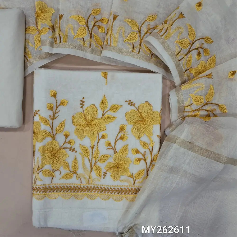 Off white base mul chanderi unstitched salwar material (Yellow),embroidery work on front, embroidered daman, (Lining Needed)matching silk cotton bottom, embroidery work on mul chanderi dupatta with gold tissue borders (TAPING NEEDED). MY262611
