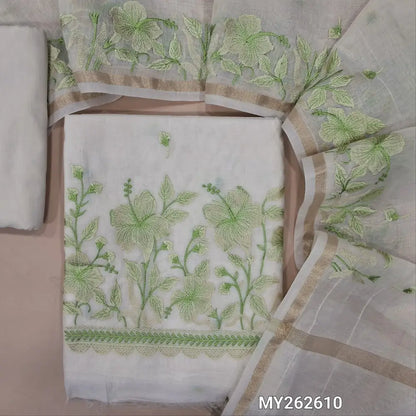 Off white base mul chanderi unstitched salwar material (Green),embroidery work on front, embroidered daman, (Lining Needed)matching silk cotton bottom, embroidery work on mul chanderi dupatta with gold tissue borders (TAPING NEEDED). MY262610