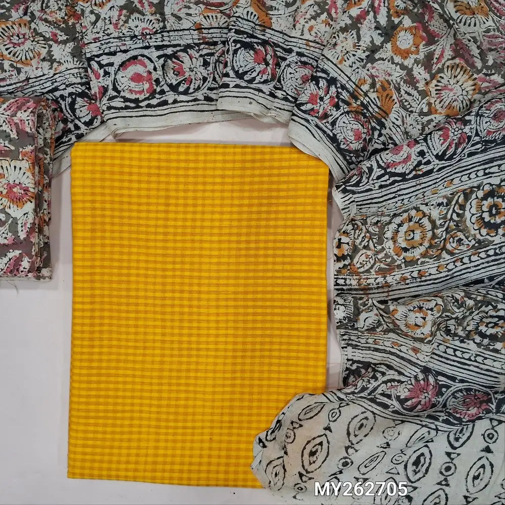 Mehandhi yellow soft handloom cotton unstitched salwar material (lining needed)self cheked on weaving deisgn all over, block printed kalamkari bottom,hand block printed with kalamkari mul cotton dupatta.(TAPING NEEDED) MY262705