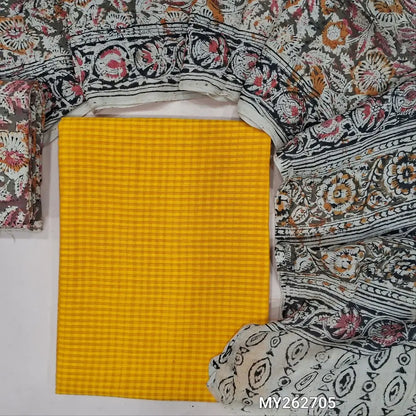 Mehandhi yellow soft handloom cotton unstitched salwar material (lining needed)self cheked on weaving deisgn all over, block printed kalamkari bottom,hand block printed with kalamkari mul cotton dupatta.(TAPING NEEDED) MY262705