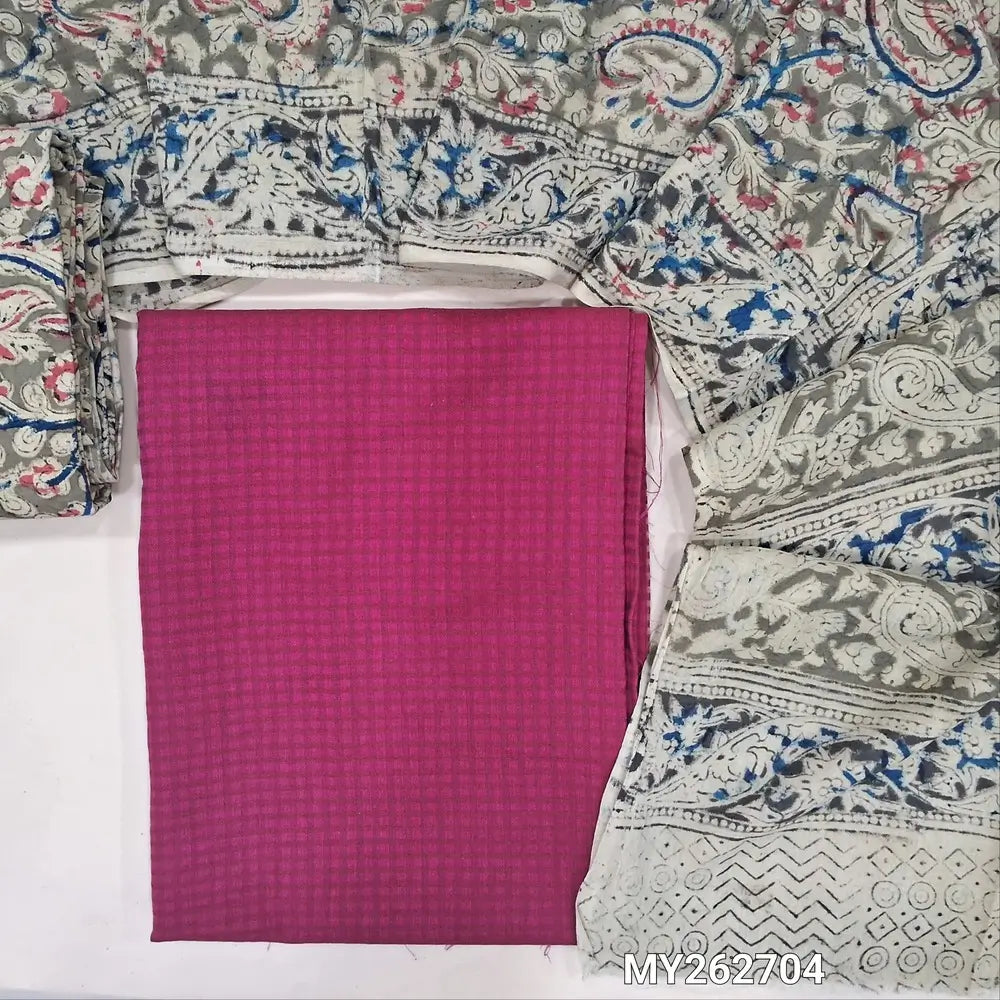 Rani pink soft handloom cotton unstitched salwar material (lining needed)self cheked on weaving deisgn all over, block printed kalamkari bottom,hand block printed with kalamkari mul cotton dupatta.(TAPING NEEDED) MY262704