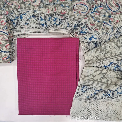 Rani pink soft handloom cotton unstitched salwar material (lining needed)self cheked on weaving deisgn all over, block printed kalamkari bottom,hand block printed with kalamkari mul cotton dupatta.(TAPING NEEDED) MY262704