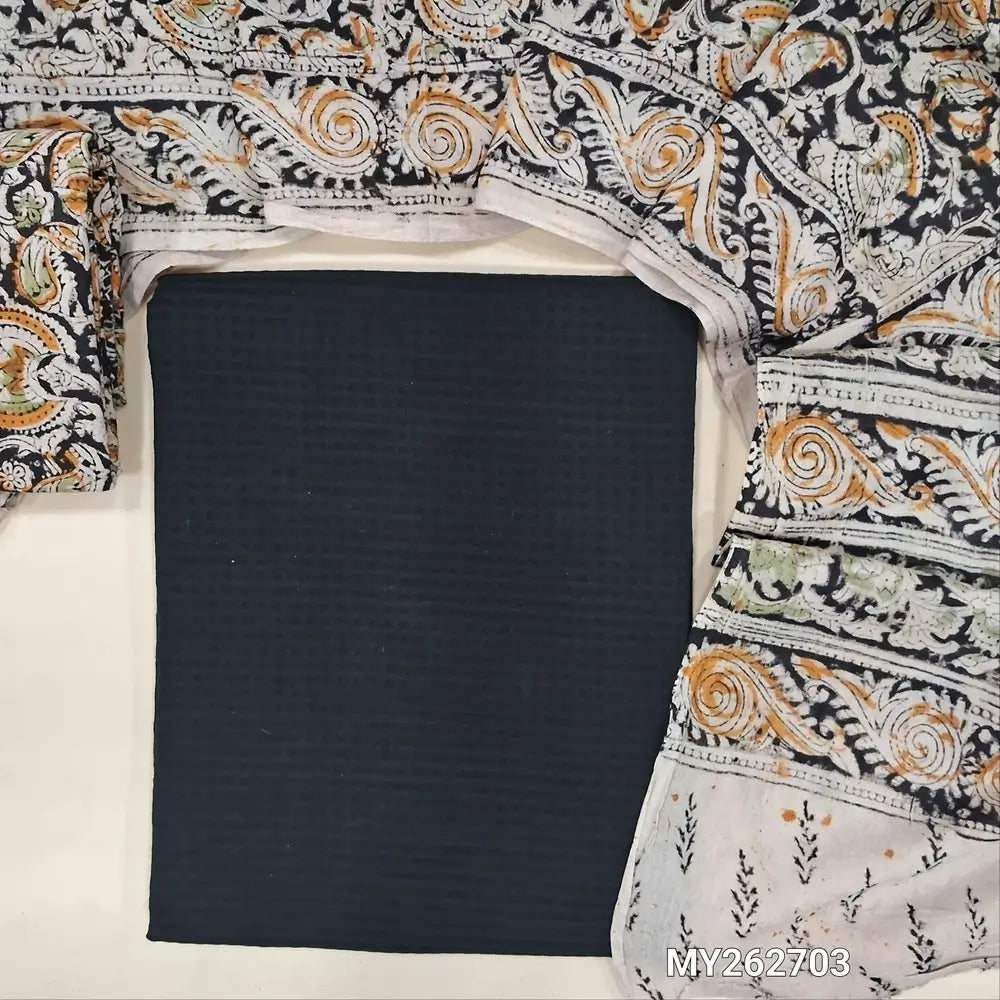 Black soft handloom cotton unstitched salwar material (lining needed)self cheked on weaving deisgn all over, block printed kalamkari bottom,hand block printed with kalamkari mul cotton dupatta.(TAPING NEEDED) MY262703