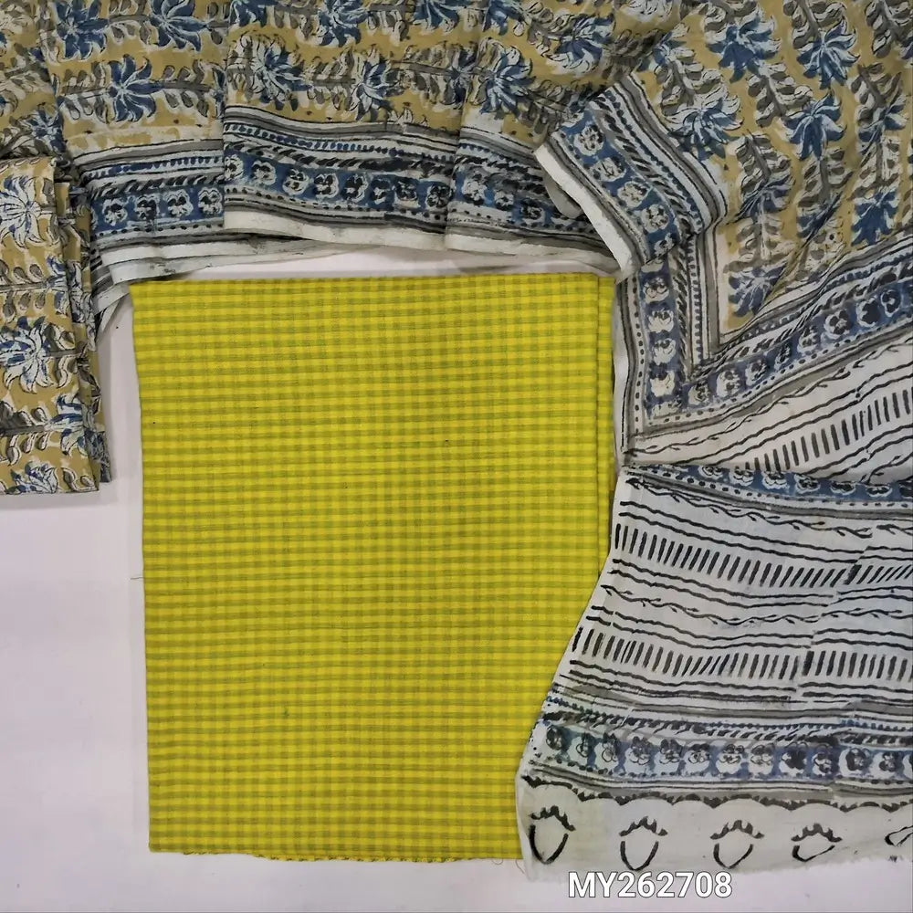 Bright green soft handloom cotton unstitched salwar material (lining needed)self cheked on weaving deisgn all over, block printed kalamkari bottom,hand block printed with kalamkari mul cotton dupatta.(TAPING NEEDED) MY262708
