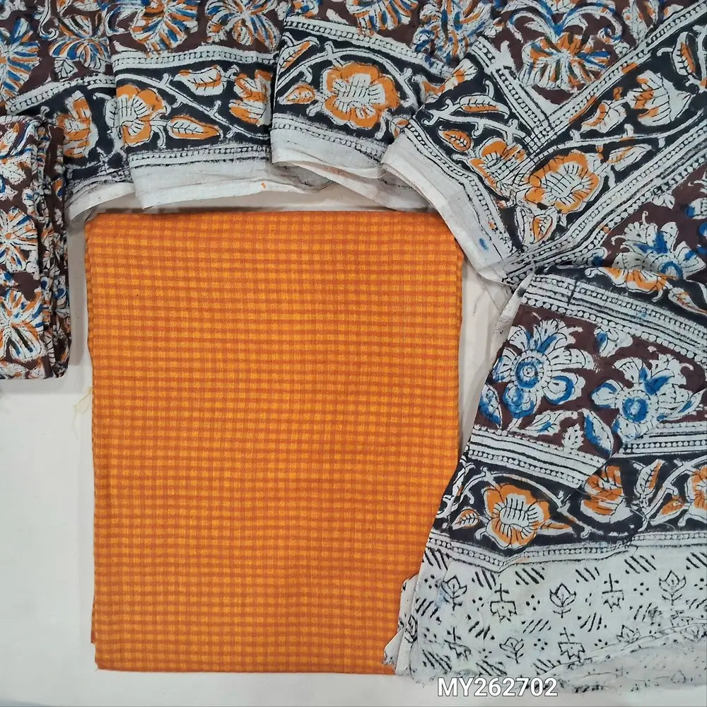 Rust orange soft handloom cotton unstitched salwar material (lining needed)self cheked on weaving deisgn all over, block printed kalamkari bottom,hand block printed with kalamkari mul cotton dupatta.(TAPING NEEDED) MY262702