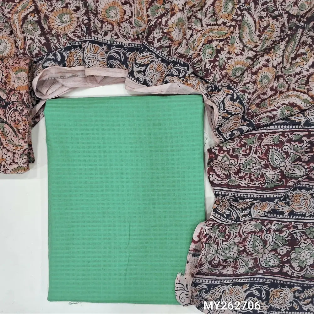Sage green soft handloom cotton unstitched salwar material (lining needed)self cheked on weaving deisgn all over, block printed kalamkari bottom,hand block printed with kalamkari mul cotton dupatta.(TAPING NEEDED) MY262706