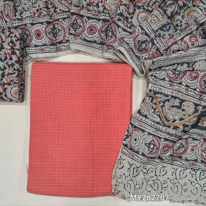 Peachish pink soft handloom cotton unstitched salwar material (lining needed)self cheked on weaving deisgn all over, block printed kalamkari bottom,hand block printed with kalamkari mul cotton dupatta.(TAPING NEEDED) MY262707