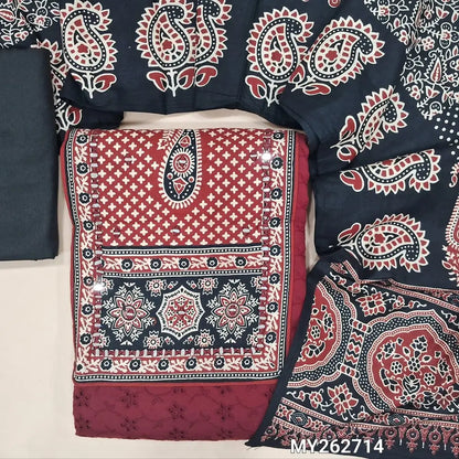 Maroon schiffli embroidered  cotton unstitched salwar material,hand block printed & real mirror work on yoke(soft,lining needed)black silky proiveded for bottom,printed full length pure cotton dupatta. MY262714
