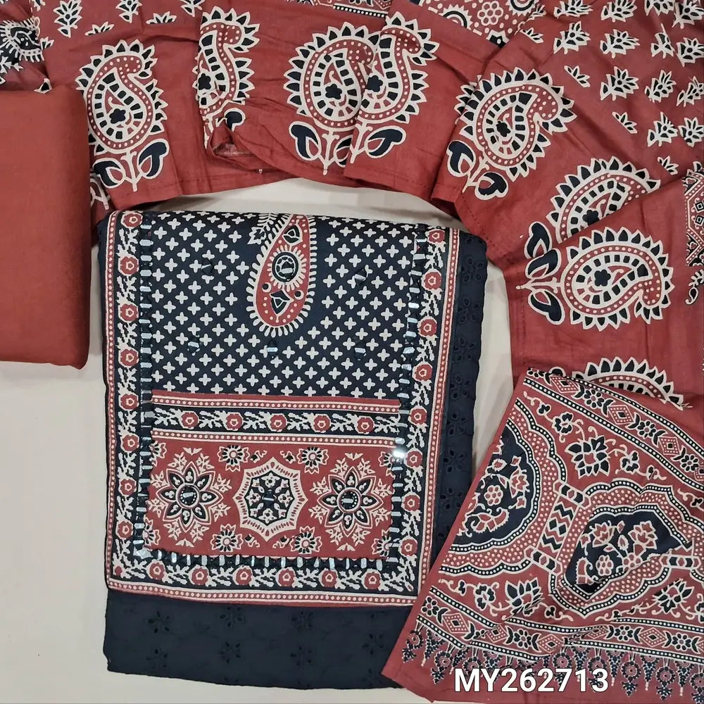 Black schiffli embroidered  cotton unstitched salwar material,hand block printed & real mirror work on yoke(soft,lining needed)maroon silky proiveded for bottom,printed full length pure cotton dupatta. MY262713