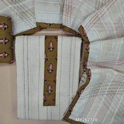Off white base jakard cotton unstitched salwar material, kantha stitch & printed yoke,self weaving all over,(lining optional) yellow printed cotton bottom, self woven& kantha stitch work with printed cotton stole like dupatta. (TAPING NEEDED) MY262716