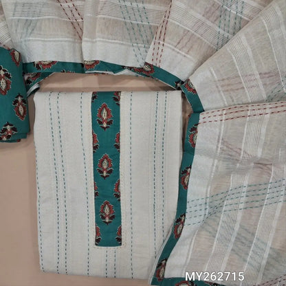 Off white base jakard cotton unstitched salwar material, kantha stitch & printed yoke,self weaving all over,(lining optional) blue printed cotton bottom, self woven& kantha stitch work with printed cotton stole like dupatta. (TAPING NEEDED) MY262715