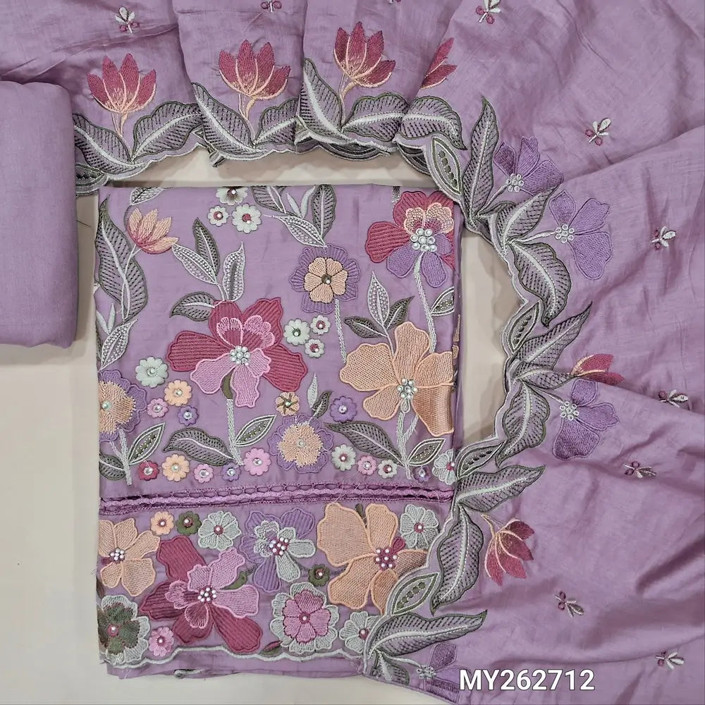Lavender shade premium satin cotton unstitched salwar material(textured,lining needed)bead, cut work & rich embroidery work on daman, panel design on lace work,spun cotton bottom,embroidrey work on soft silk cotton dupatta with scallop borders.MY262712