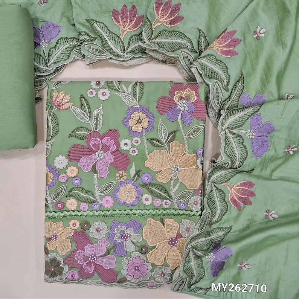 Pastel green premium satin cotton unstitched salwar material(textured,lining needed)bead, cut work & rich embroidery work on daman, panel design on lace work,spun cotton bottom,embroidrey work on soft silk cotton dupatta with scallop borders.MY262710