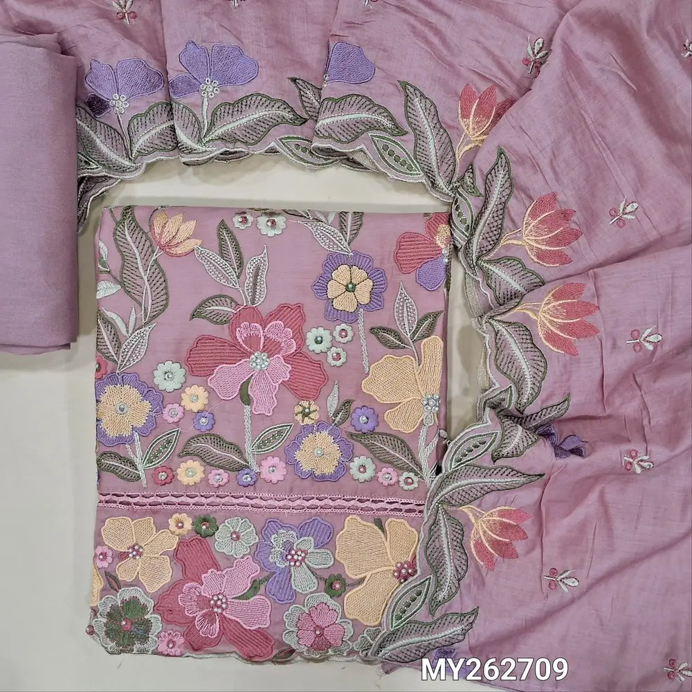 Onion pink premium satin cotton unstitched salwar material(textured,lining needed)bead, cut work & rich embroidery work on daman, panel design on lace work,spun cotton bottom,embroidrey work on soft silk cotton dupatta with scallop borders.MY262709