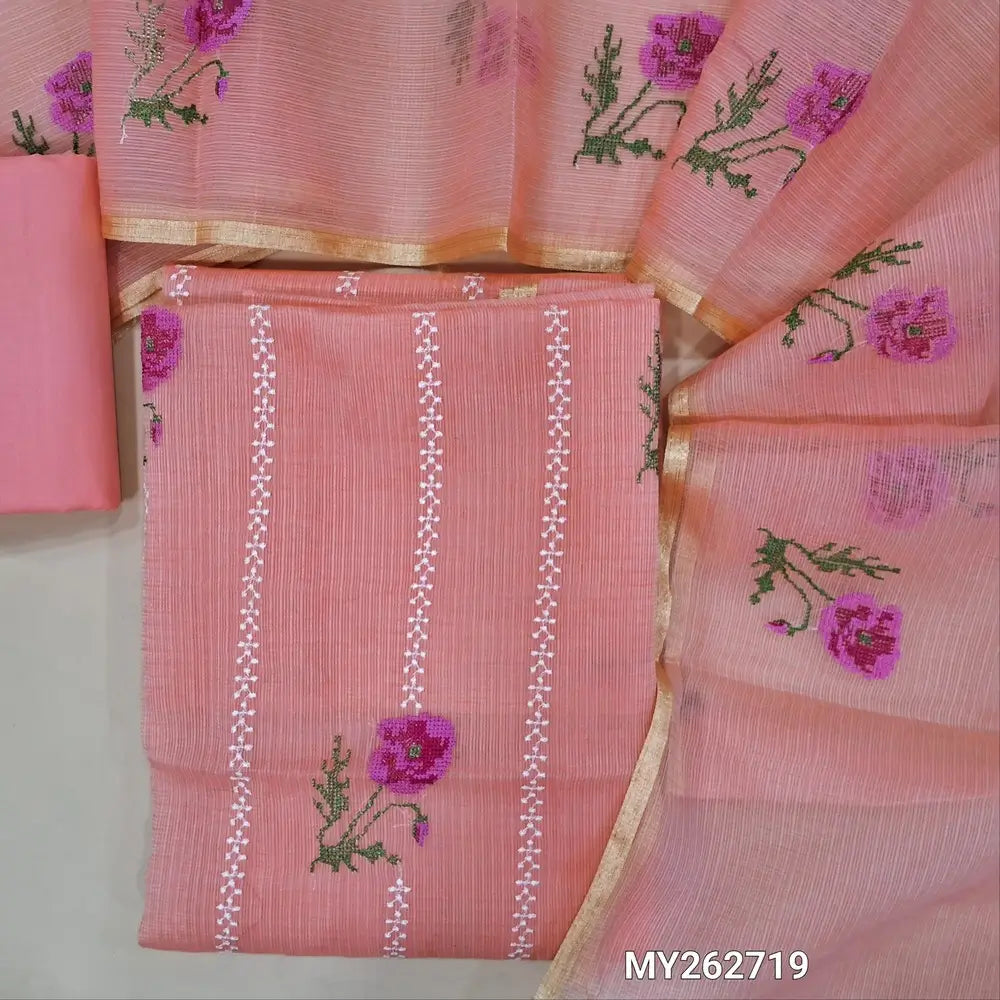 Peachish pink premium kota unstitched salwar material,cross stitch and embroidery work on front (Lining Needed)matching cotton bottom,cross stitch floral embroidery work on full length kota dupatta with gold tissue borders. MY262719