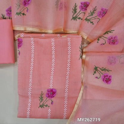 Peachish pink premium kota unstitched salwar material,cross stitch and embroidery work on front (Lining Needed)matching cotton bottom,cross stitch floral embroidery work on full length kota dupatta with gold tissue borders. MY262719