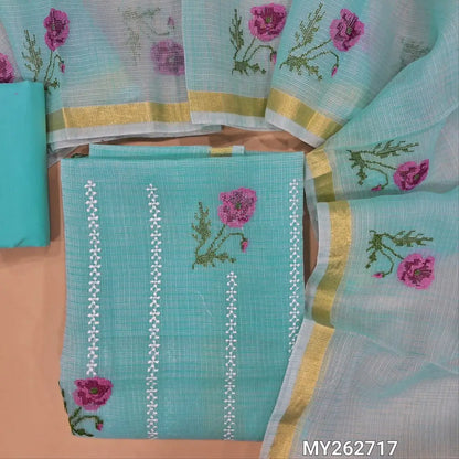 Pastel blue premium kota unstitched salwar material,cross stitch and embroidery work on front (Lining Needed)matching cotton bottom,cross stitch floral embroidery work on full length kota dupatta with gold tissue borders. MY262717