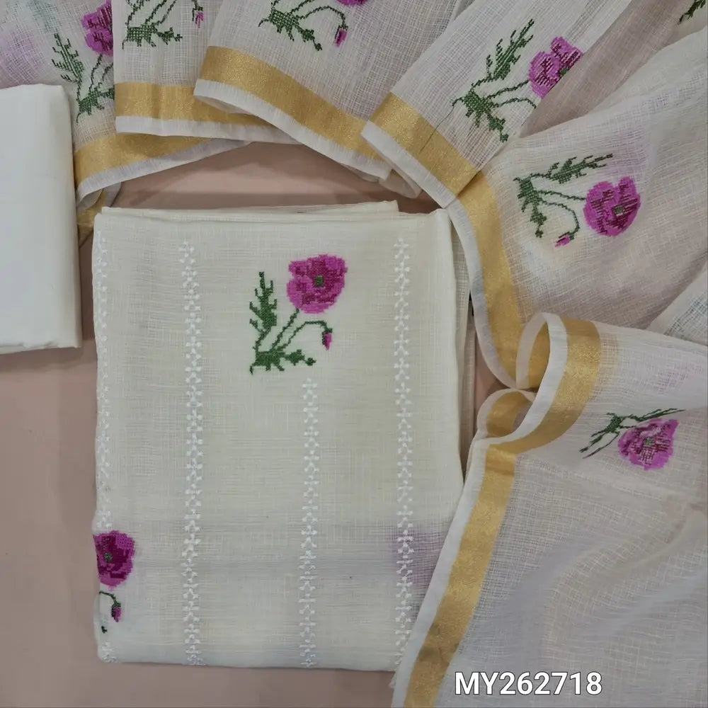 Off white premium kota unstitched salwar material,cross stitch and embroidery work on front (Lining Needed)matching cotton bottom,cross stitch floral embroidery work on full length kota dupatta with gold tissue borders. MY262718