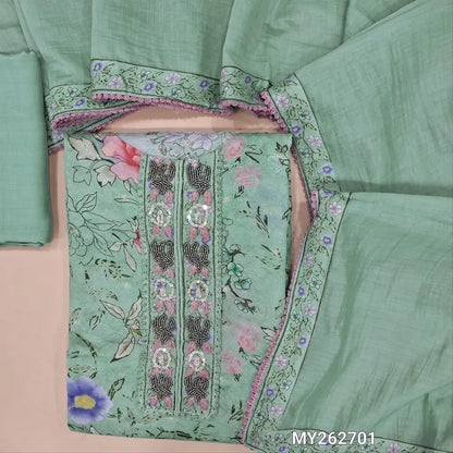 Designer pastel blue premium jakard mul chanderi unstitched salwar material, bead & sequins work on yoke,floral printed all over( soft,lining needed)matching santoon bottom, jakard mul chanderi dupatta with lace work.(TAPING NEEDED) MY262701