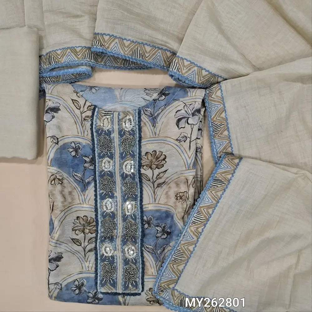Designer rich beige premium jakard mul chanderi unstitched salwar material, bead & sequins work on yoke,floral printed all over( soft,lining needed)matching santoon bottom, lace work on mul chanderi dupatta with printed tapping.(TAPING NEEDED) MY262801