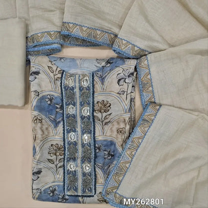 Designer rich beige premium jakard mul chanderi unstitched salwar material, bead & sequins work on yoke,floral printed all over( soft,lining needed)matching santoon bottom, lace work on mul chanderi dupatta with printed tapping.(TAPING NEEDED) MY262801