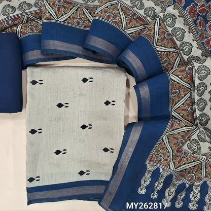 Light grey premium silk cotton unstitched salwar material(lining needed) printed all over, daman with tissue borders, Blue spun cotton bottom, kalamkari printed full length premium silk cotton dupatta. MY262817