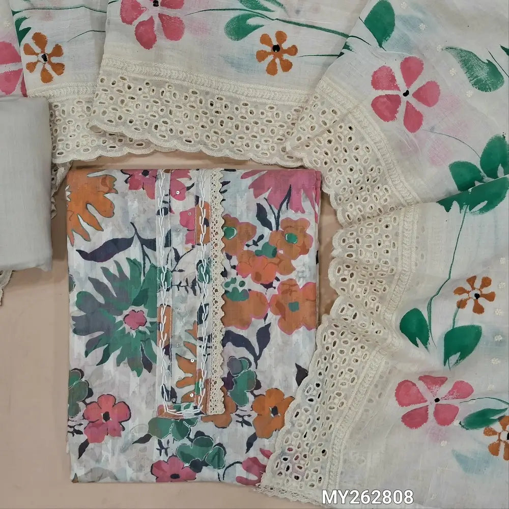 Off white base floral printed premium jakard malai cotton unstitched salwar material,stitch & sequins detailing work on yoke(soft, lining needed)matching cotton bottom,self embroidery & hand brush paint,cut work on cotton dupatta. MY262808