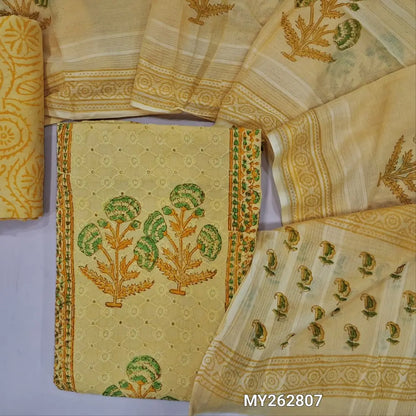 Pastel yellow schiffli embroidery & hand block printed pure mul cotton unstitched salwar material, panel design(lining needed)block printed cotton bottom, hand block printed mul cotton dupatta(TAPPING NEEDED). MY262807