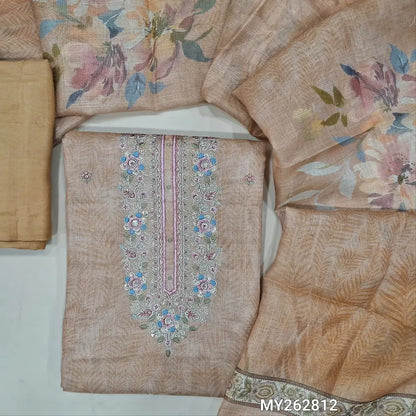 Peach soft tissue silk cotton with golden tint unstitched salwar material,zari & embroidery work on yoke, thread & sequins work on front, sober printed all over ( lining needed) santoon bottom,digital printed  tissue silk cotton dupatta. MY262812