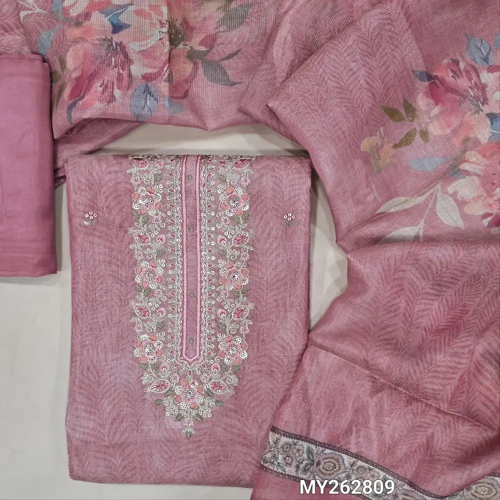 Pastel pink soft tissue silk cotton with golden tint unstitched salwar material,zari & embroidery work on yoke, thread & sequins work on front, sober printed all over ( lining needed) santoon bottom,digital printed  tissue silk cotton dupatta. MY262809