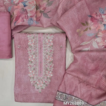 Pastel pink soft tissue silk cotton with golden tint unstitched salwar material,zari & embroidery work on yoke, thread & sequins work on front, sober printed all over ( lining needed) santoon bottom,digital printed  tissue silk cotton dupatta. MY262809