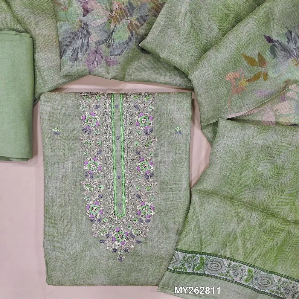 Pastel green soft tissue silk cotton with golden tint unstitched salwar material,zari & embroidery work on yoke, thread & sequins work on front, sober printed all over ( lining needed) santoon bottom,digital printed  tissue silk cotton dupatta. MY262811
