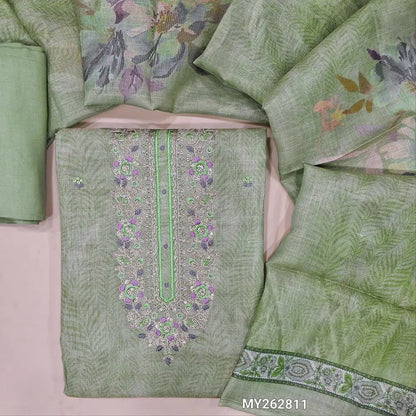 Pastel green soft tissue silk cotton with golden tint unstitched salwar material,zari & embroidery work on yoke, thread & sequins work on front, sober printed all over ( lining needed) santoon bottom,digital printed  tissue silk cotton dupatta. MY262811
