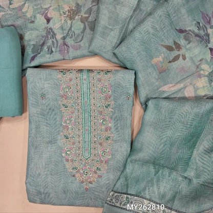 Pastel blue soft tissue silk cotton with golden tint unstitched salwar material,zari & embroidery work on yoke, thread & sequins work on front, sober printed all over ( lining needed) santoon bottom,digital printed  tissue silk cotton dupatta. MY262810