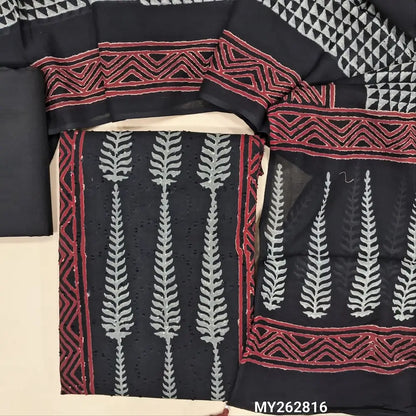 premium hand block printed dobby cotton unstitched salwar material,self design all over, panel design,(lining optional)black cotton bottom,block printed mul cotton dupatta. MY262816