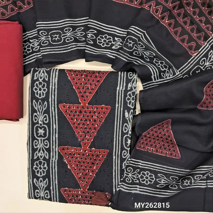 premium hand block printed dobby cotton unstitched salwar material,self design all over, panel design,(lining optional)reddish maroon cotton bottom,block printed mul cotton dupatta. MY262815