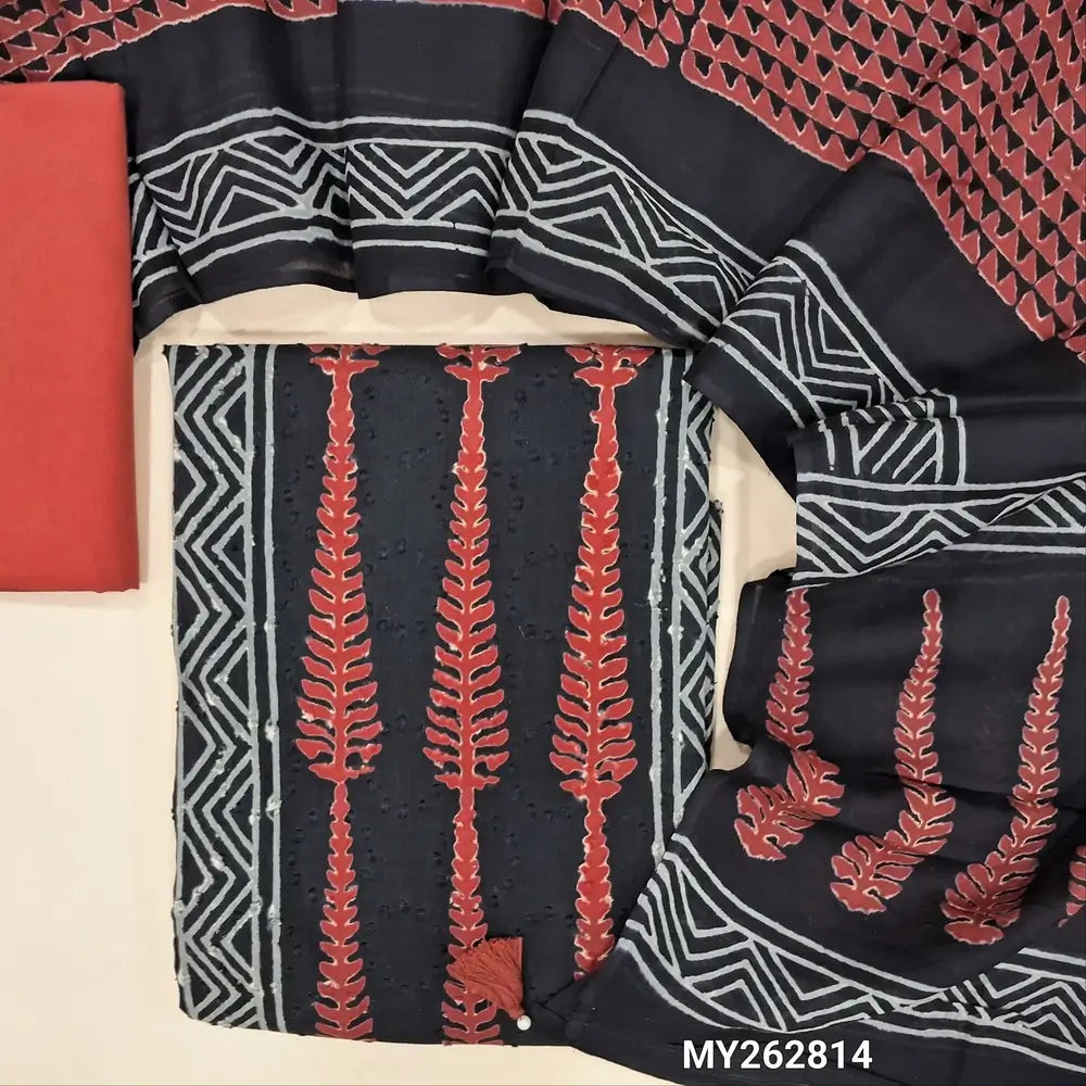 premium hand block printed dobby cotton unstitched salwar material,self design all over, panel design,(lining optional)reddish maroon cotton bottom,block printed mul cotton dupatta. MY262814